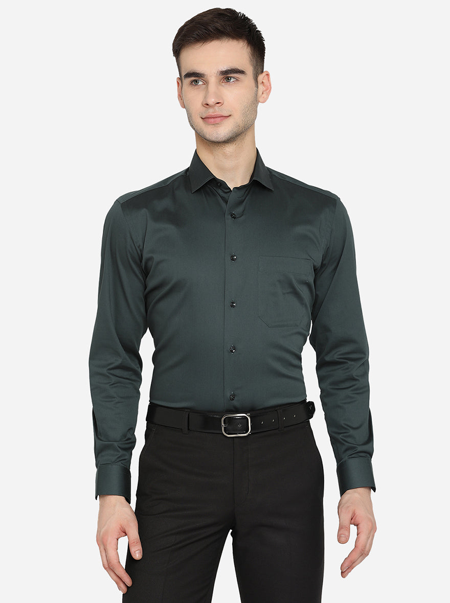 Bottle Green Solid Slim Fit Party Wear Shirt | Greenfibre