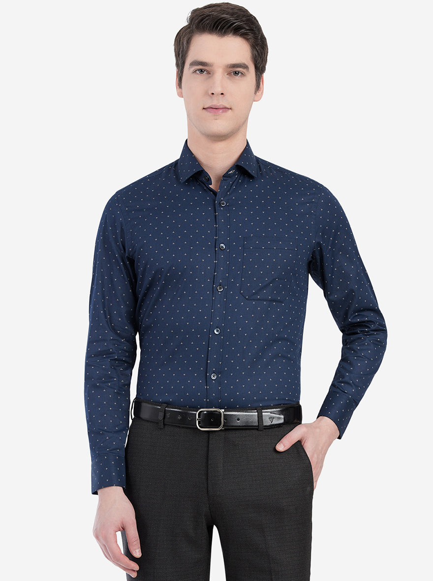 Navy Blue Printed Slim Fit Formal Shirt | Greenfibre