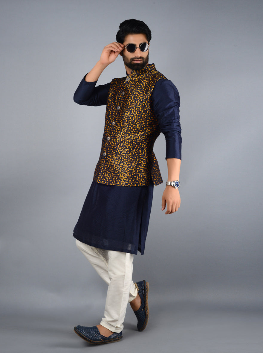 Blue & Yellow Bandhgala Jacket | TULA