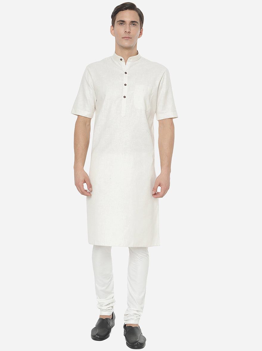 White Self Textured Regular Fit Modi Kurta | JadeBlue