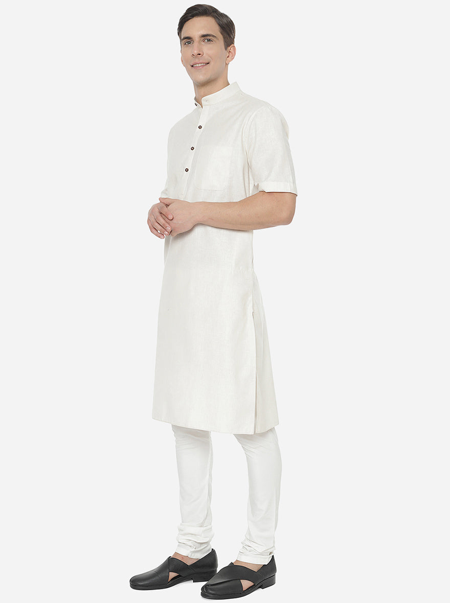 White Self Textured Regular Fit Modi Kurta | JadeBlue
