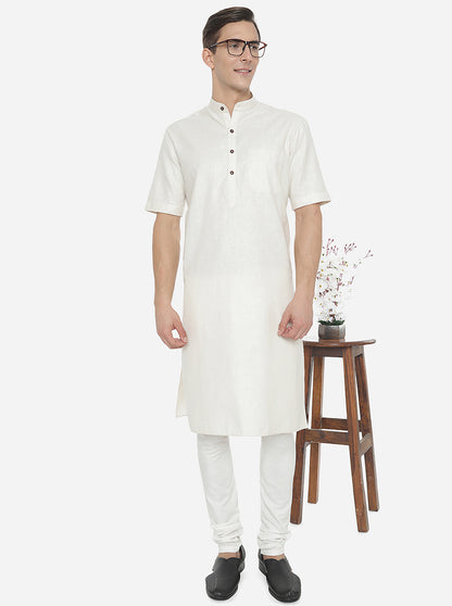 White Self Textured Regular Fit Modi Kurta | JadeBlue
