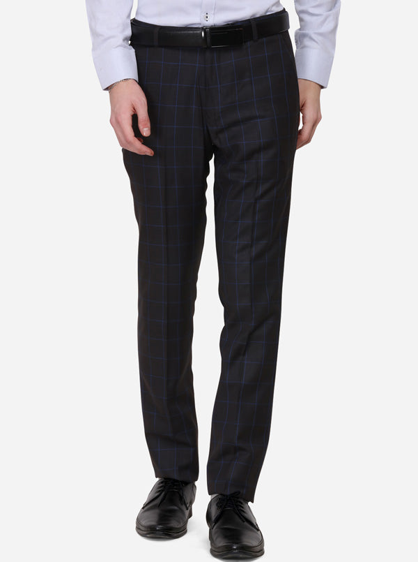 Grey & Navy Blue Checked Super Slim Fit Formal Trouser | JadeBlue Youth
