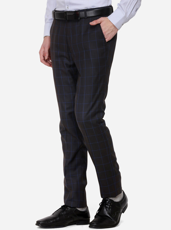 Grey & Navy Blue Checked Super Slim Fit Formal Trouser | JadeBlue Youth