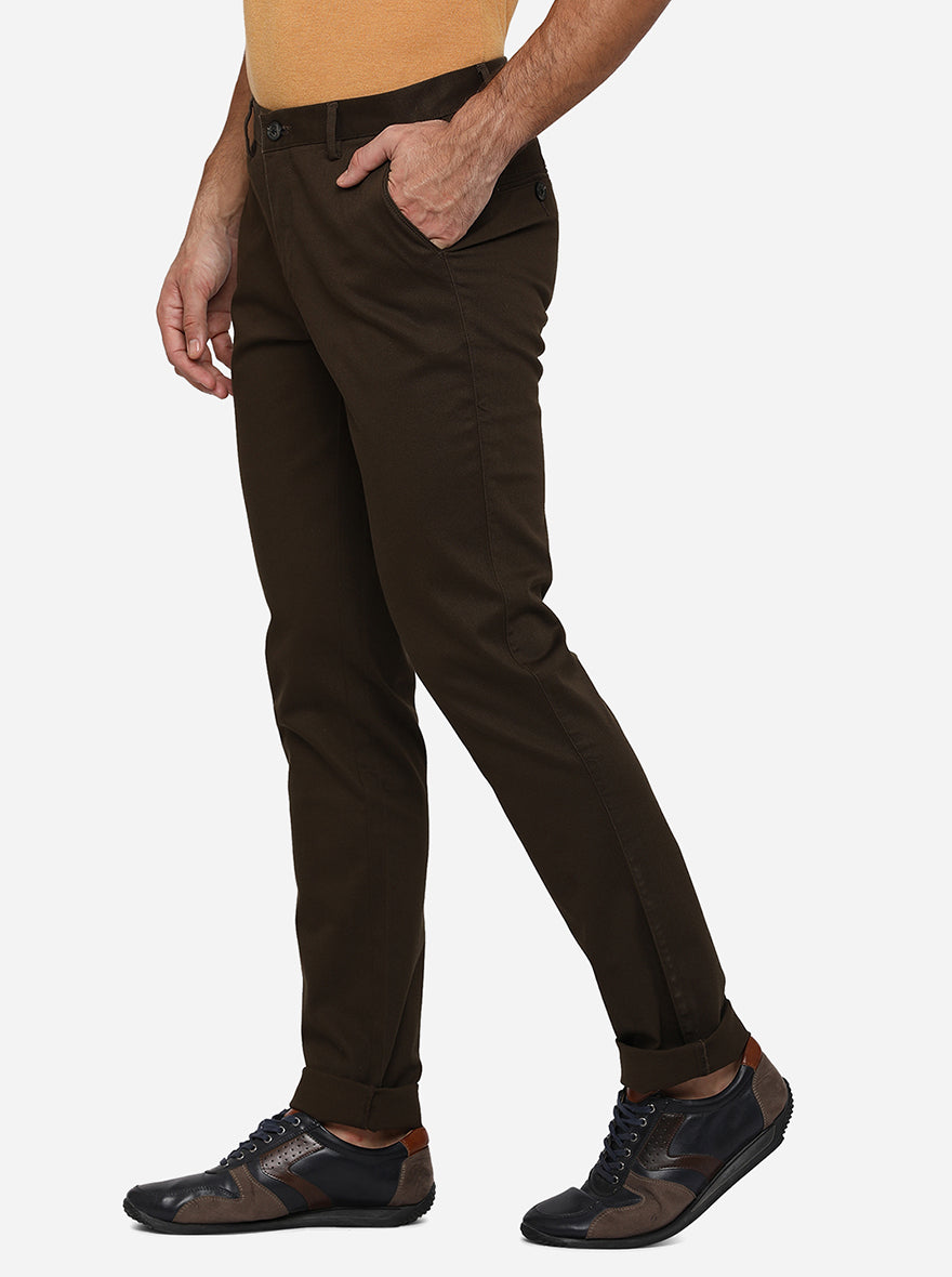 Olive Brown Solid Uno Fit Casual Trouser | JadeBlue