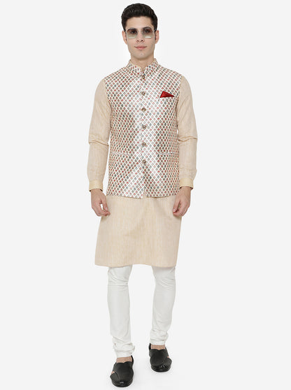 Beige Printed Bandhgala Jacket | Greenfibre