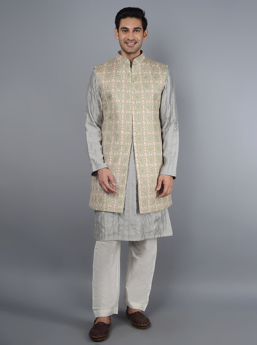 Grey Silk Kurta Pajama with Embroidered Jacket - KIDEB1023 from...