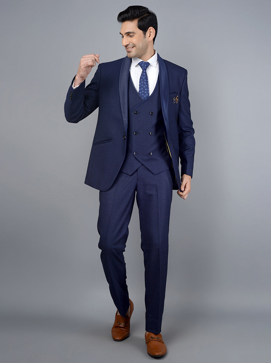 Navy Blue Suit for Men - Self Design & Blended