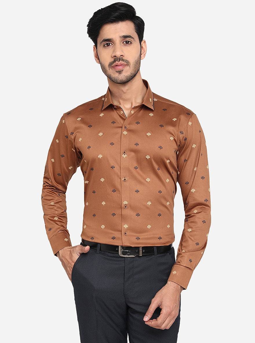 Brown Printed Slim Fit Party Wear Shirt | JB Studio