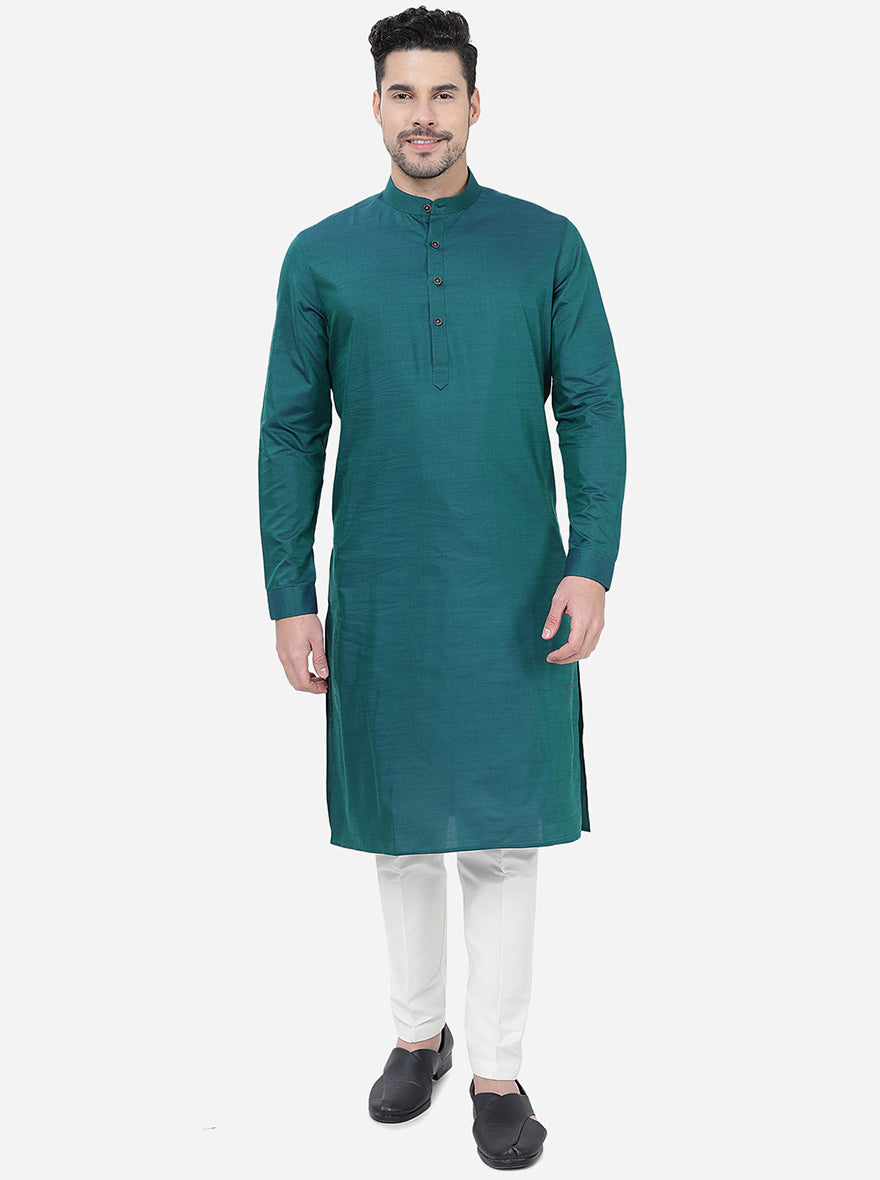 Teal Green Solid Regular Fit Modi Kurta | JadeBlue
