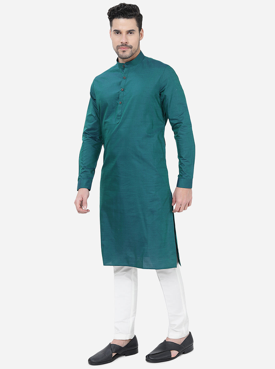 Teal Green Solid Regular Fit Modi Kurta | JadeBlue