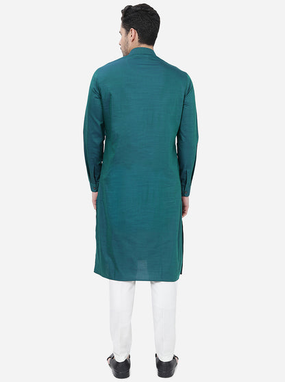 Teal Green Solid Regular Fit Modi Kurta | JadeBlue