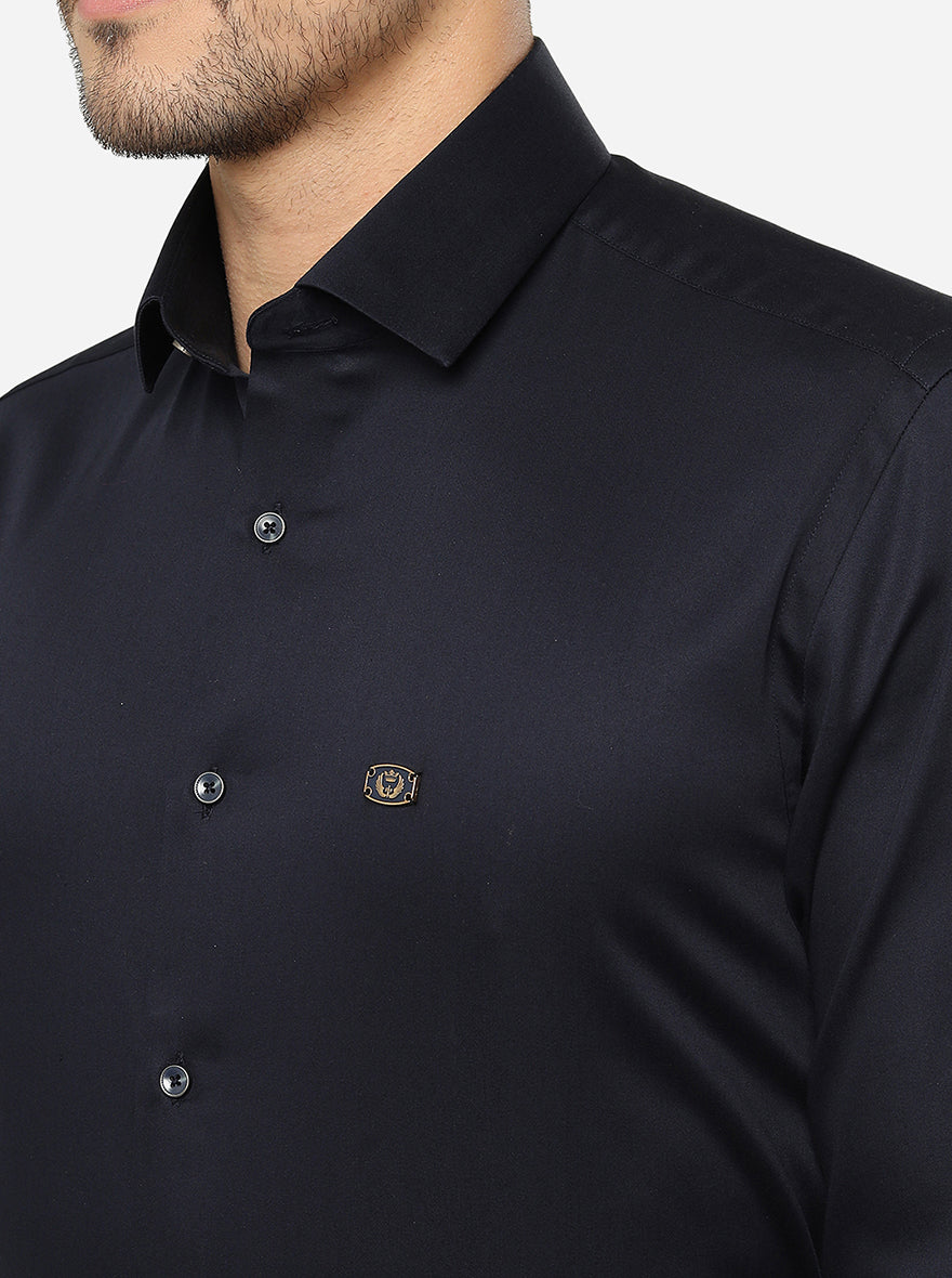 Navy Blue Solid Slim Fit Party Wear Shirt | Greenfibre