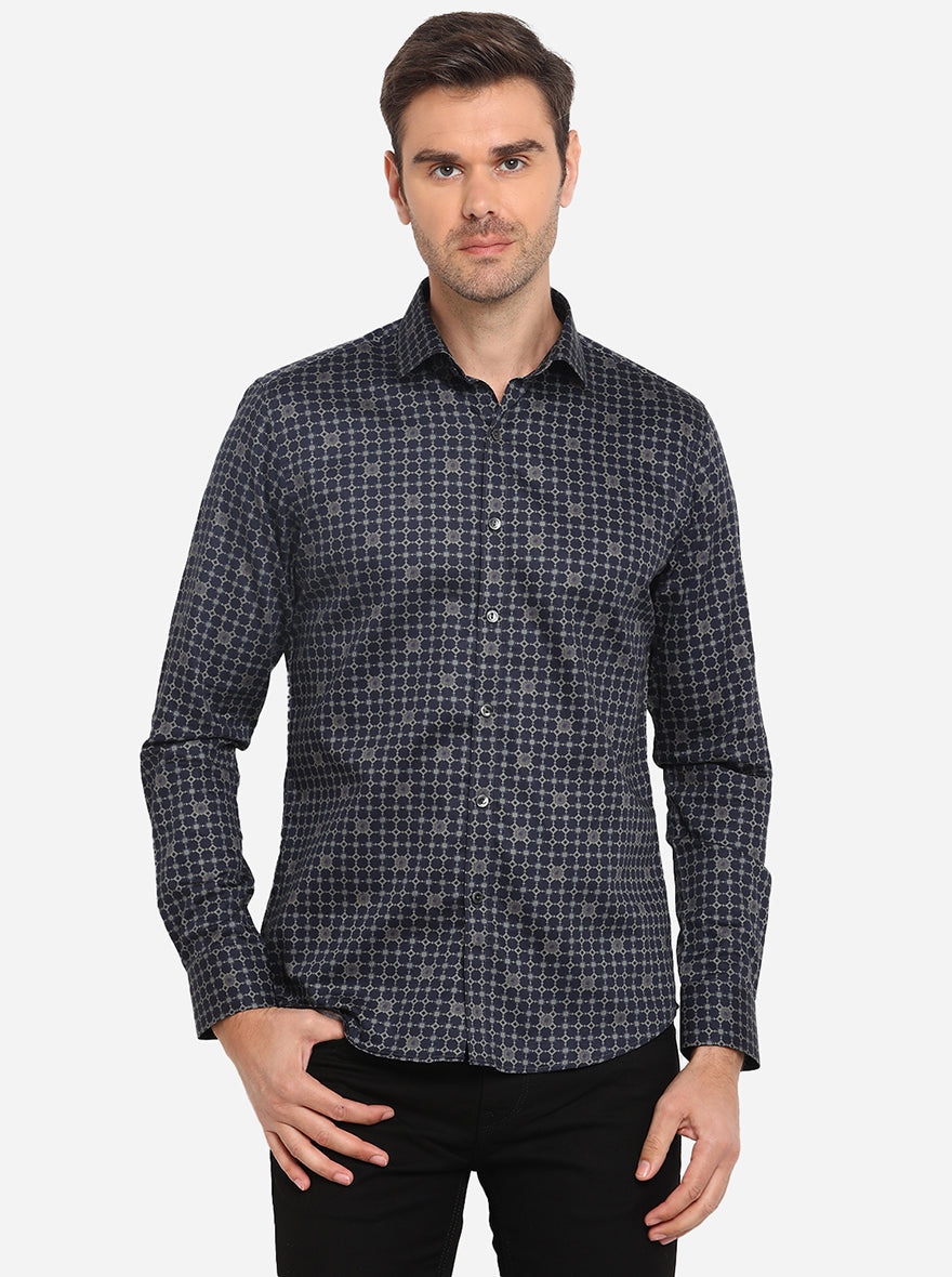 Dark Blue Printed Slim Fit Party Wear Shirt | Wyre