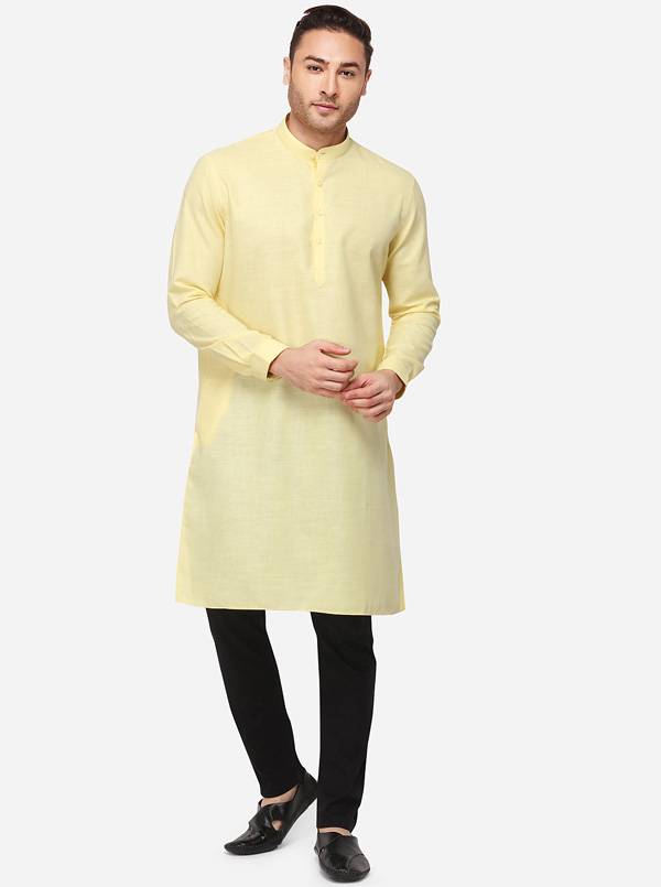 Light Yellow Self Textured Regular Fit Modi Kurta | JadeBlue