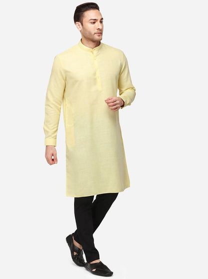 Light Yellow Self Textured Regular Fit Modi Kurta | JadeBlue