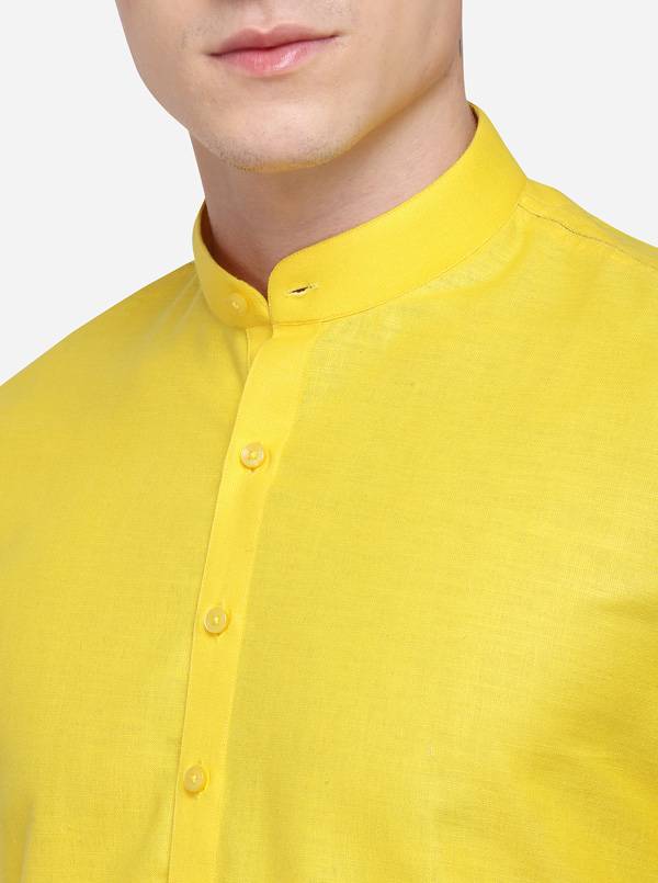 Yellow Self Textured Regular Fit Modi Kurta | JadeBlue