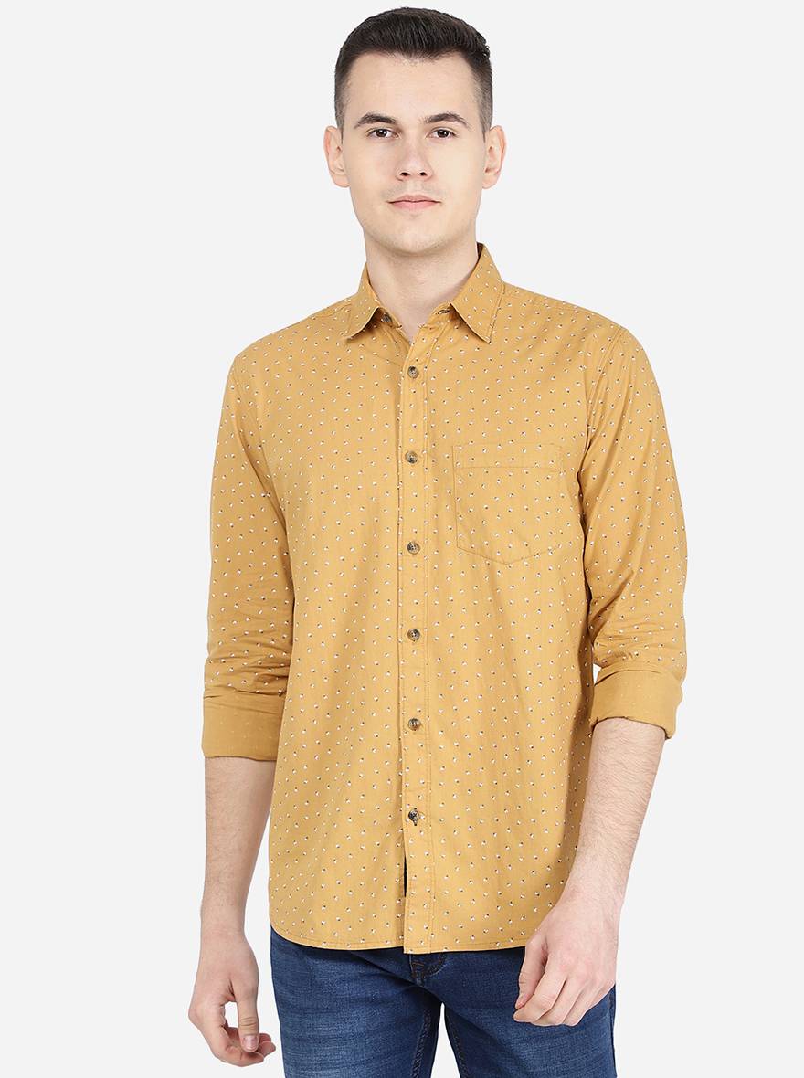Oscar Yellow Printed Slim Fit Semi Casual Shirt | JadeBlue