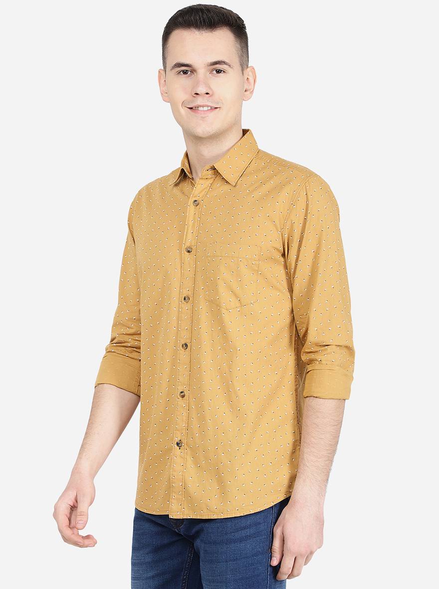 Oscar Yellow Printed Slim Fit Semi Casual Shirt | JadeBlue
