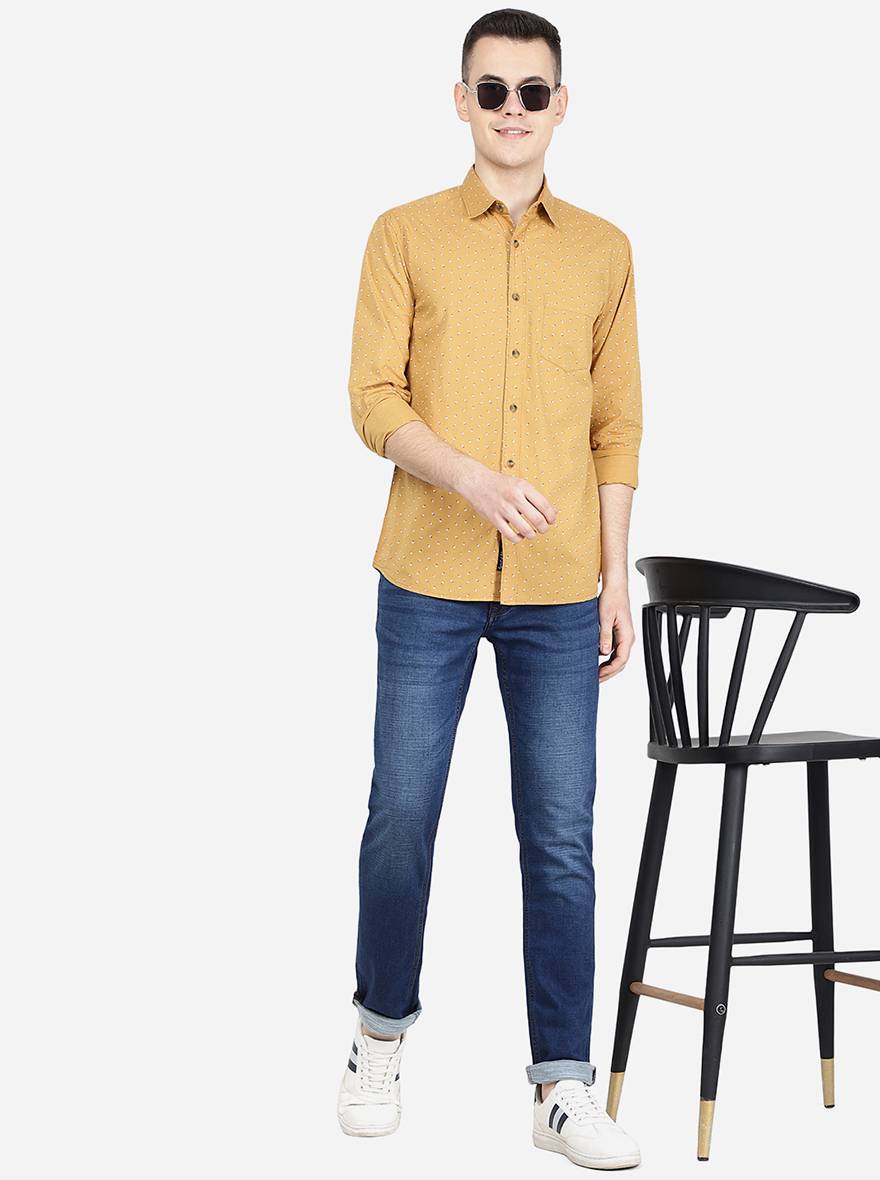 Oscar Yellow Printed Slim Fit Semi Casual Shirt | JadeBlue