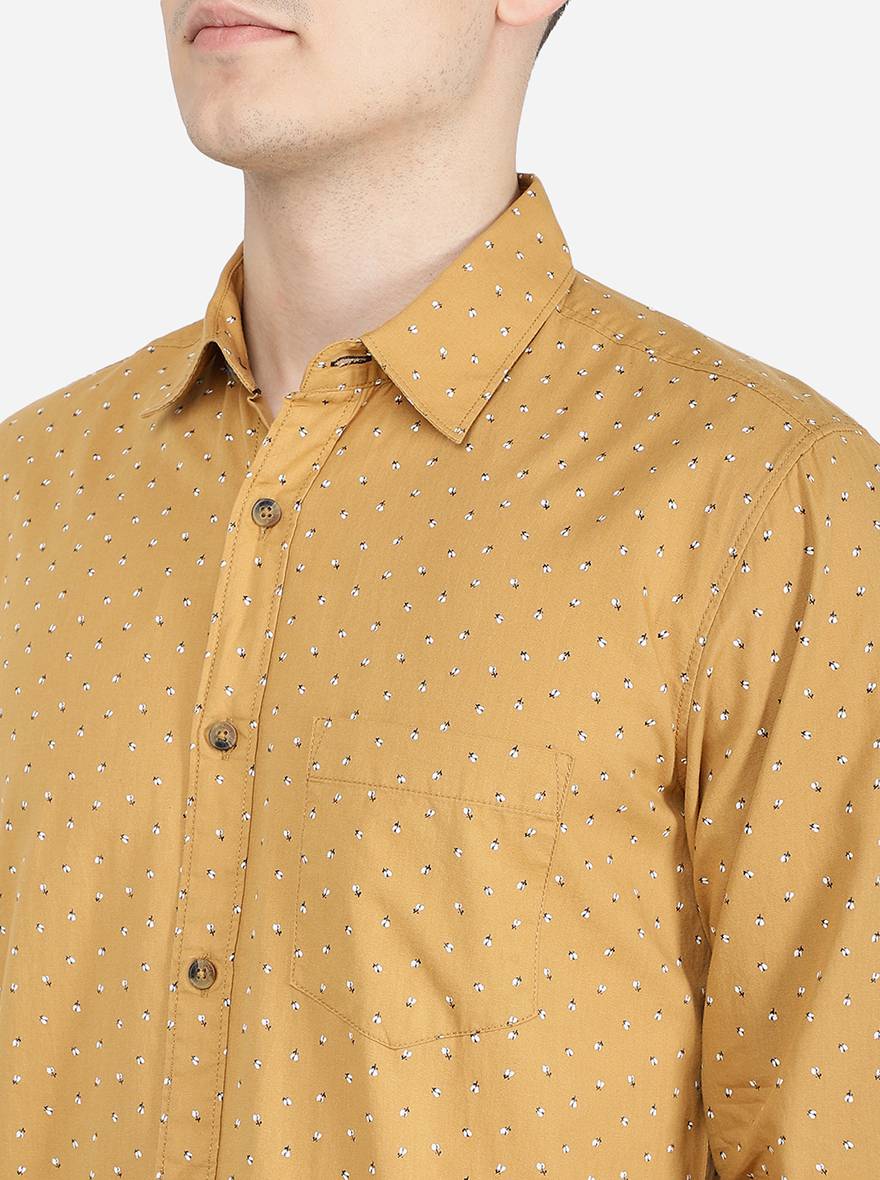 Oscar Yellow Printed Slim Fit Semi Casual Shirt | JadeBlue