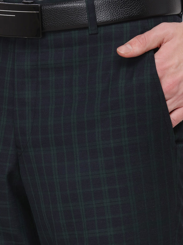 Navy Blue Checked Slim Fit Formal Trouser | JB Studio