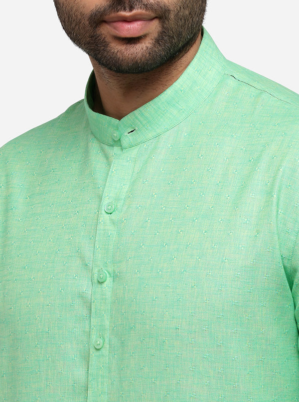 Grass Green Self Textured Regular Fit Modi Kurta | JadeBlue