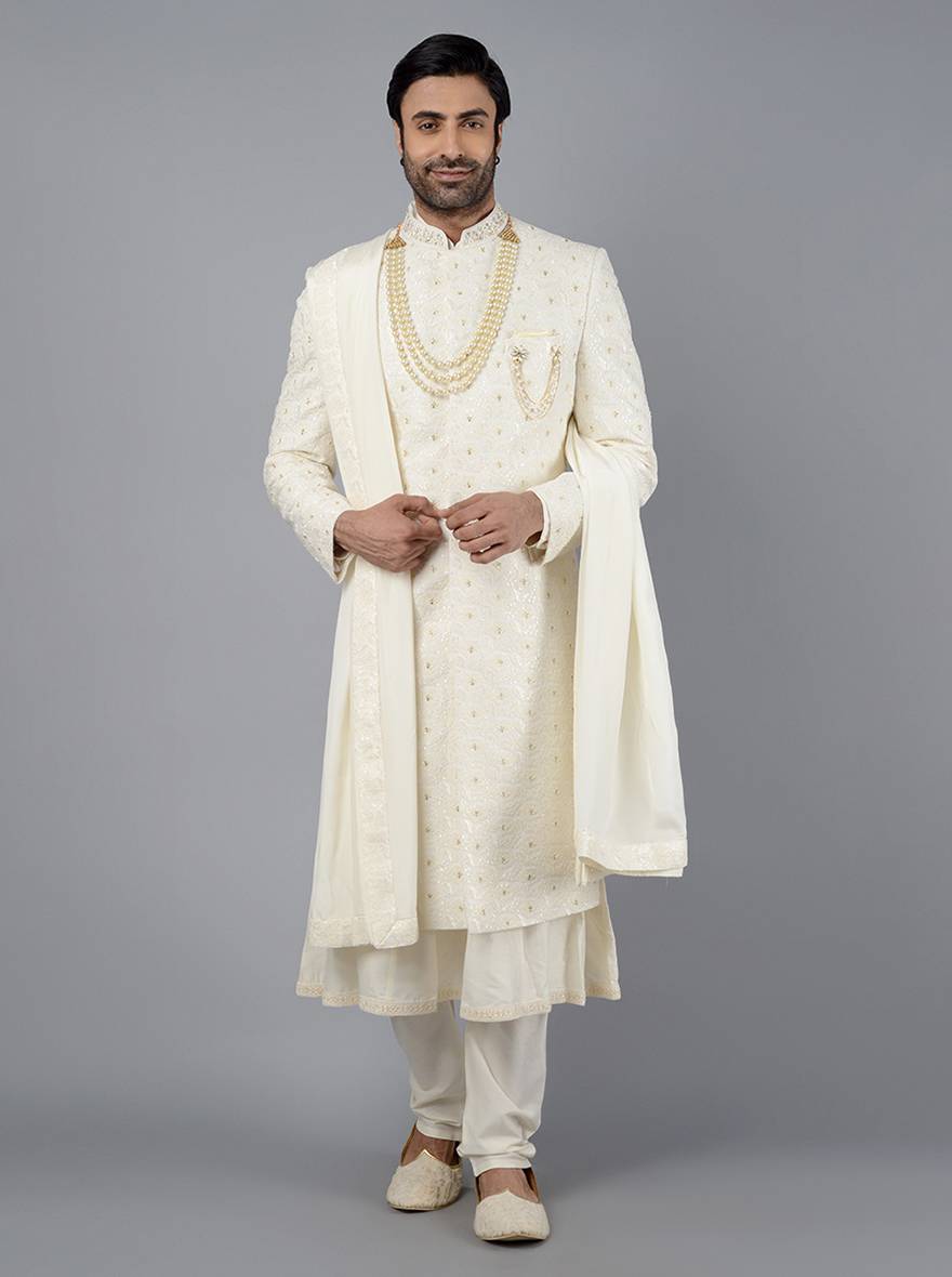 Laser cut sherwani jacket with pyjama-Manoviraj Khosla - 30Shades