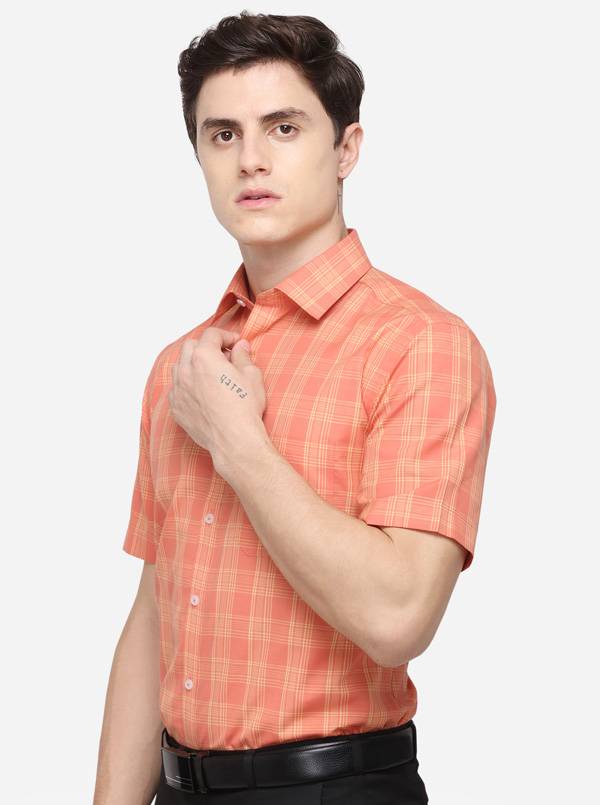 Orange & Yellow Checked Regular Fit Formal Shirt | Greenfibre