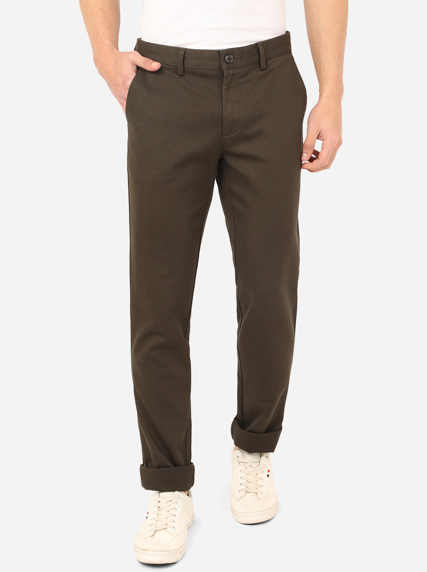 Olive Brown Solid Uno Fit Casual Trouser | JadeBlue