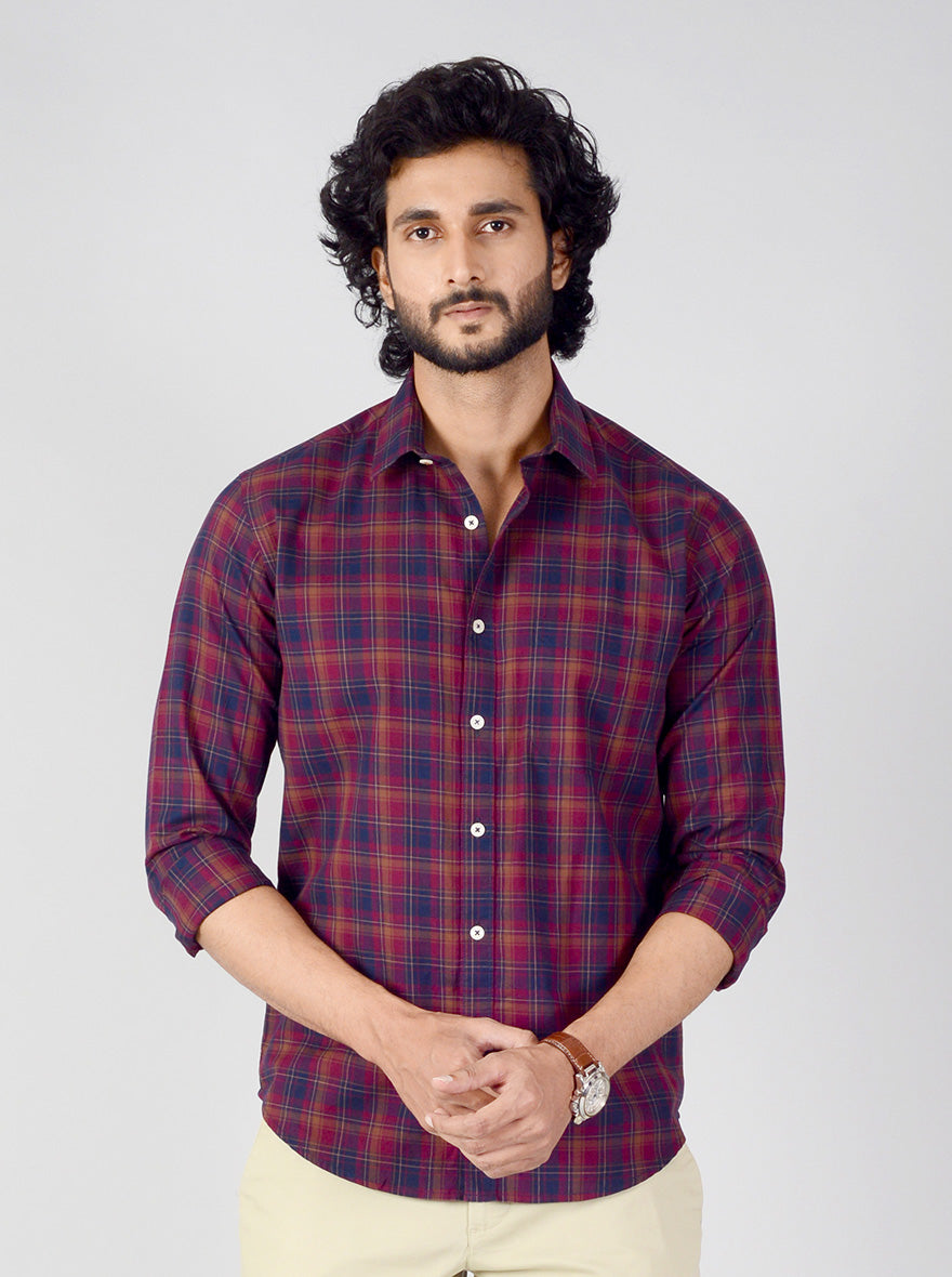 Burgundy & Blue Checked Classic Fit Casual Shirt | Greenfibre