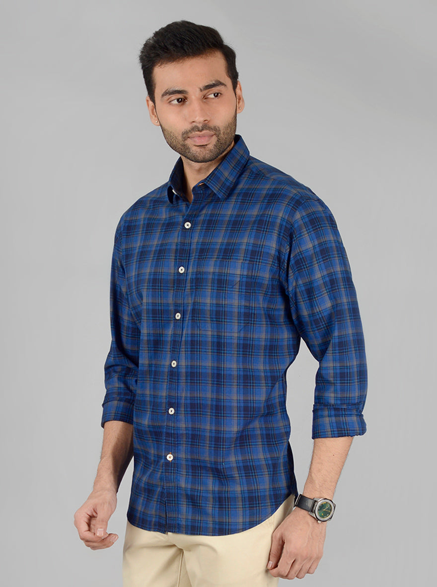 Dark Blue Checked Classic Fit Casual Shirt | Greenfibre