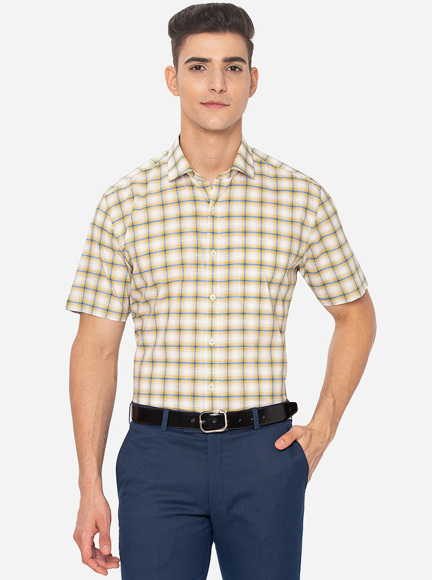 Yellow Checked Regular Fit Formal Shirt | JadeBlue