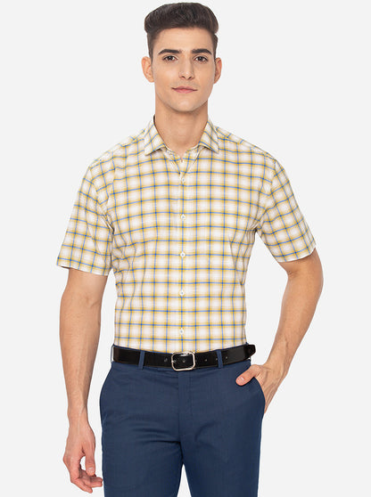 Yellow Checked Regular Fit Formal Shirt | JadeBlue