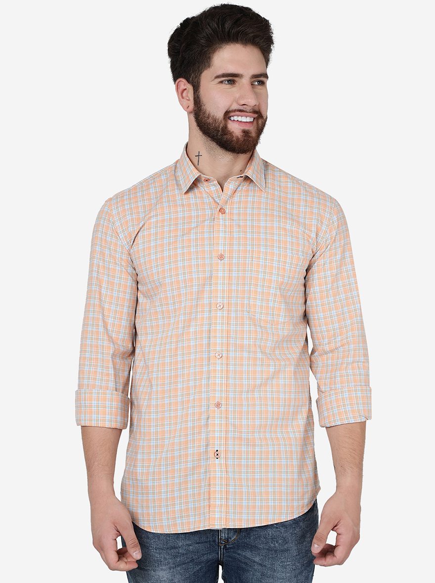 Peach Checked Slim Fit Semi Casual Shirt | JadeBlue