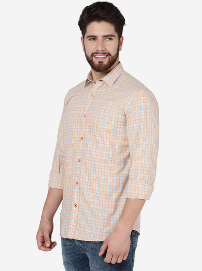 Peach Checked Slim Fit Semi Casual Shirt | JadeBlue