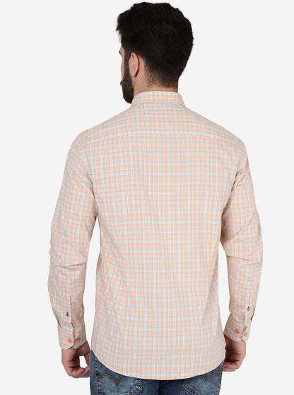 Peach Checked Slim Fit Semi Casual Shirt | JadeBlue