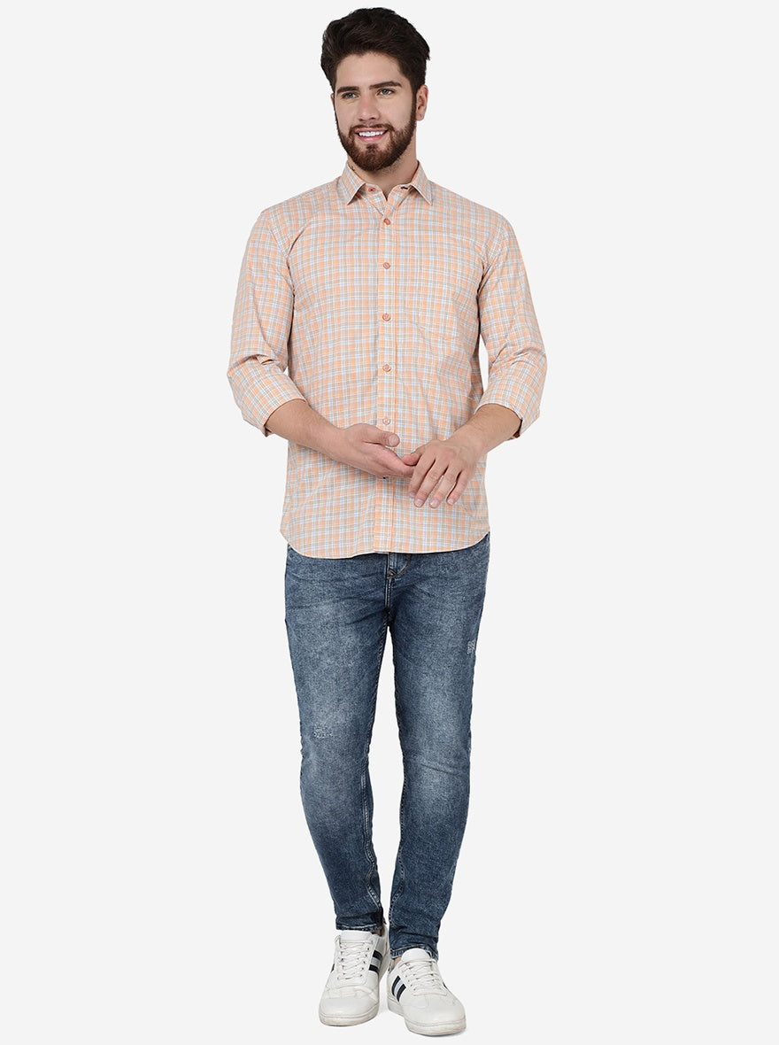 Peach Checked Slim Fit Semi Casual Shirt | JadeBlue