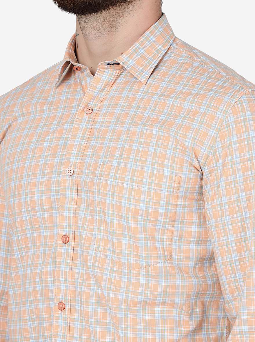 Peach Checked Slim Fit Semi Casual Shirt | JadeBlue