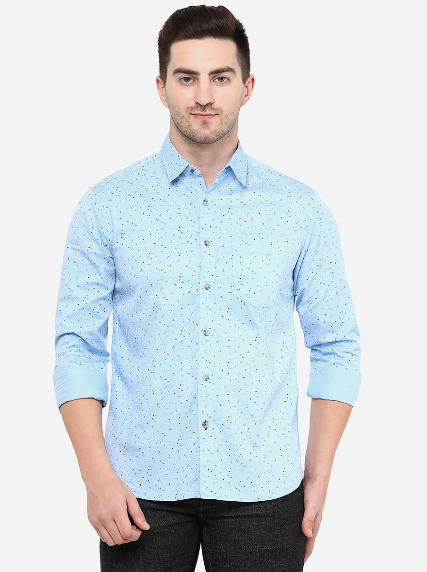 Light Blue Printed Slim Fit Semi Casual Shirt | Greenfibre