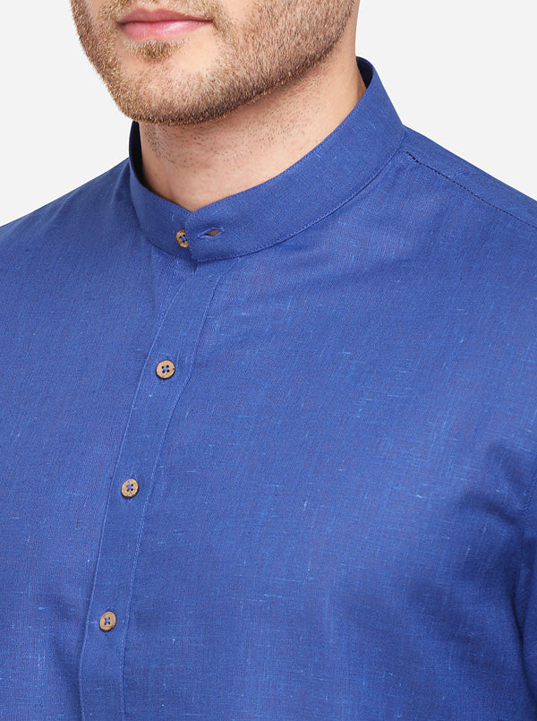Navy Blue Self Textured Regular Fit Modi Kurta | JadeBlue