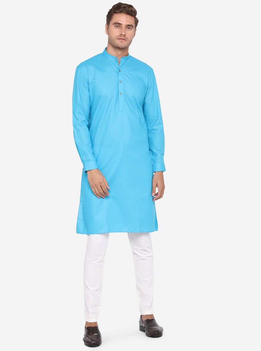 Turquoise Blue Solid Regular Fit Modi Kurta | JadeBlue