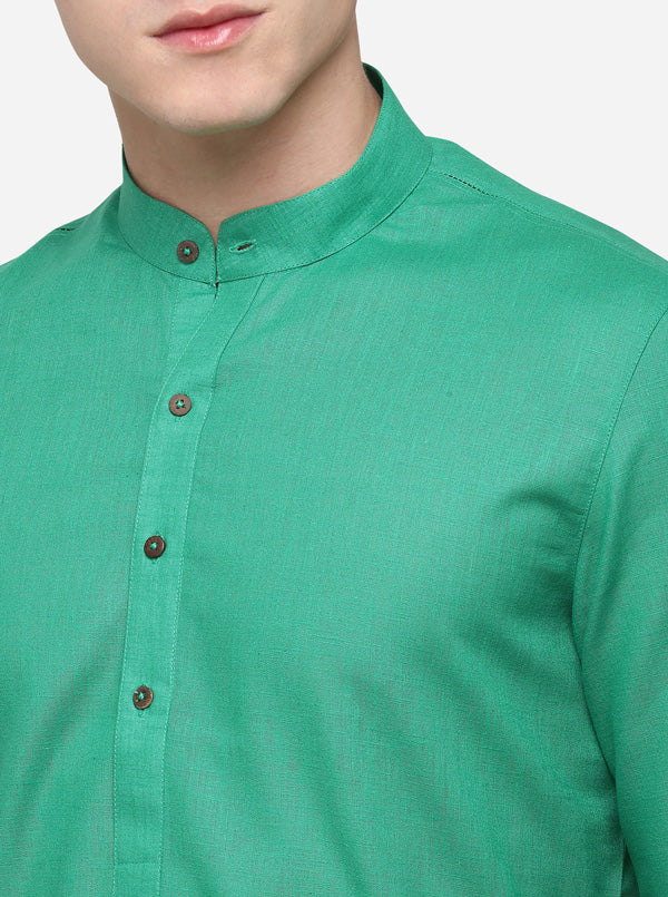 Green Self Textured Regular Fit Modi Kurta | JadeBlue