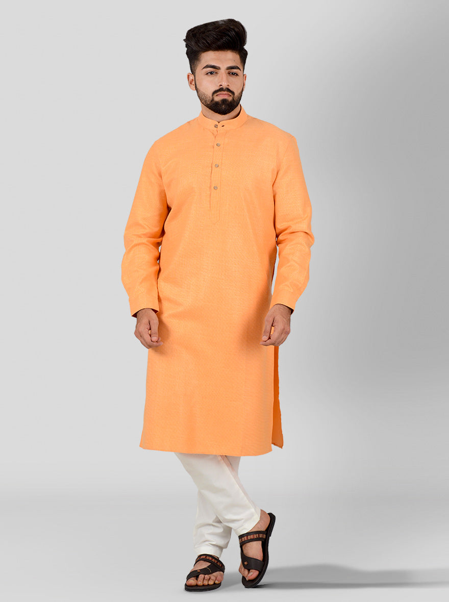 Orange Self Textured Regular Fit Modi Kurta | JadeBlue