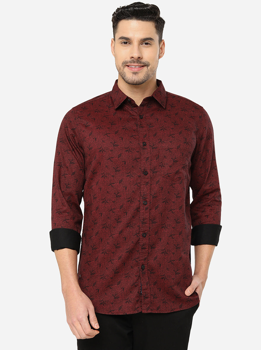 Maroon Printed Slim Fit Semi Casual Shirt | JadeBlue