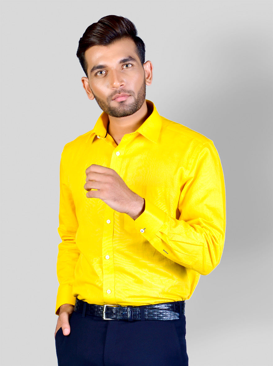 Bright Yellow Self Textured Regular Fit Formal Shirt | Greenfibre