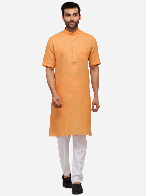Orange Self Textured Regular Fit Modi Kurta | JadeBlue