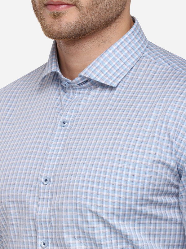 Blue & Grey Checked Regular Fit Formal Shirt | JadeBlue