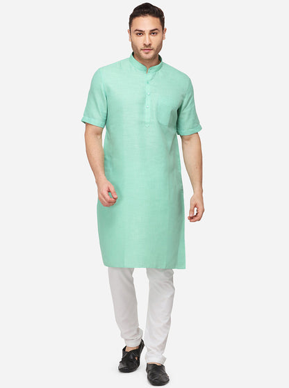 Light Green Self Textured Regular Fit Modi Kurta | JadeBlue