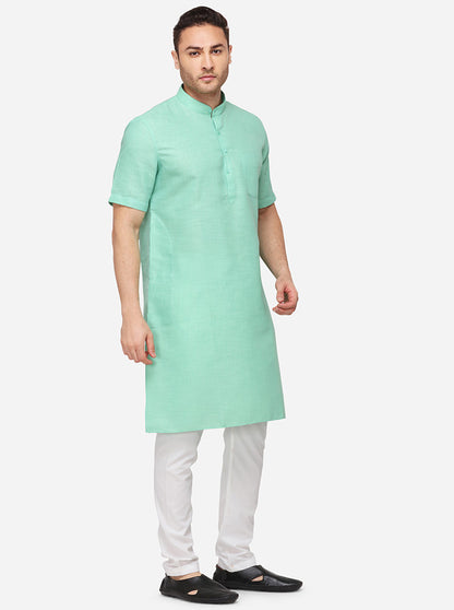 Light Green Self Textured Regular Fit Modi Kurta | JadeBlue